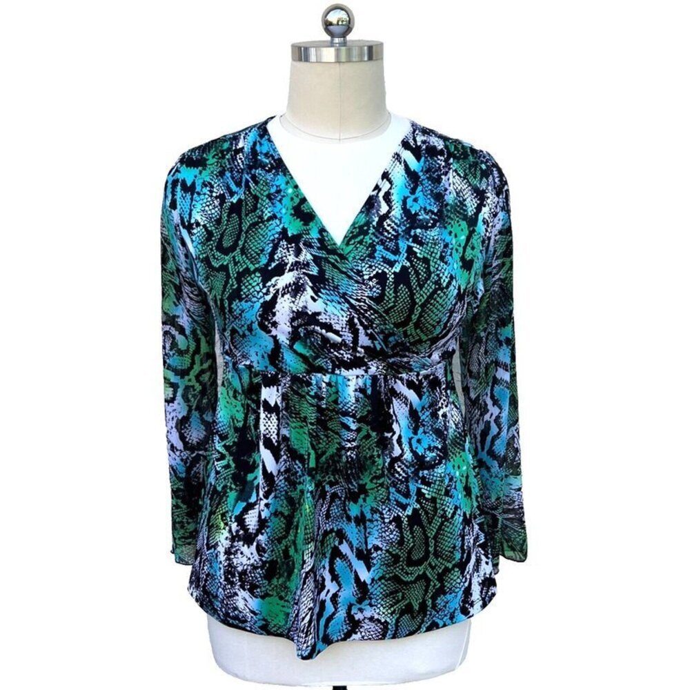 Slinky Brand - Women's Animal Snake Exotic Print Wrap Front Peplum Blouse 1X